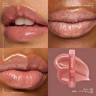 Quadrant showing Jelly Job lip macros on three models of fair, deep, medium skin tones and the product solider with swatch behind the hex code color in shade 05 Honey It's Jelly