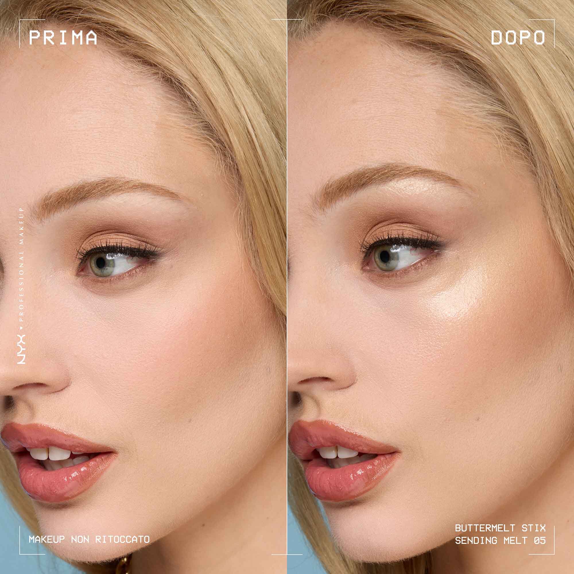 Prima e dopo applicazione dello Stick illuminante Buttermelt Stix Glow Boosting di Nyx Professional Makeup