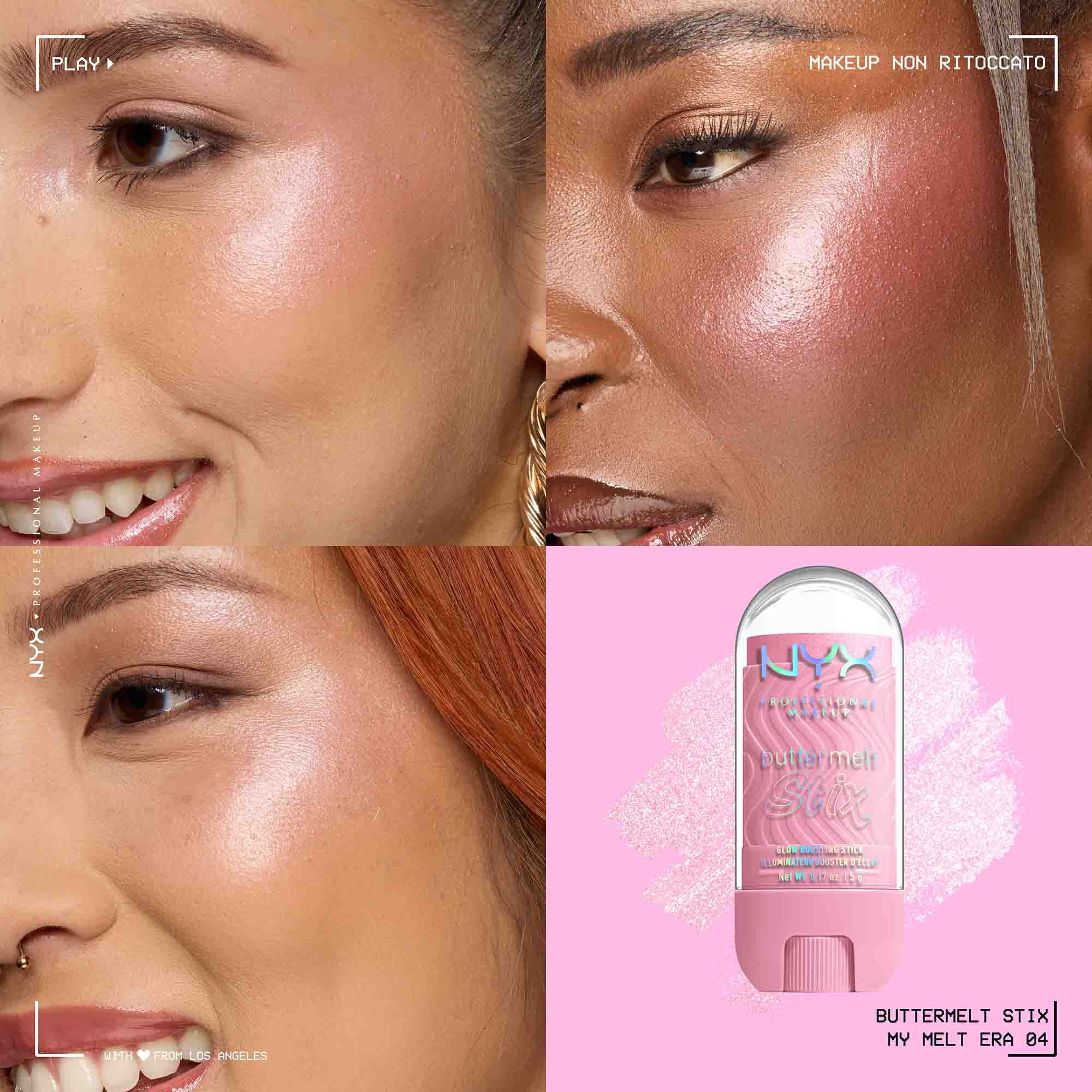 Applicazione dello Stick illuminante Buttermelt Stix Glow Boosting di Nyx Professional Makeup su diverse tonalita di incarnato