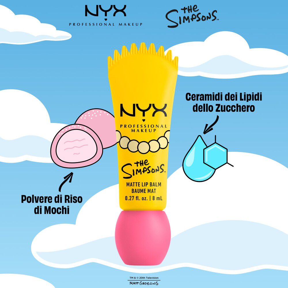 Packshot del balsamo labbra opaco NYX Professional Makeup The Simpsons Smushy Matte con ingredienti illustrati tra cui polvere di riso mochi e ceramidi da lipidi dello zucchero, tonalita 01 Smarty Pink.