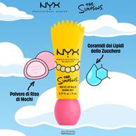 Packshot del balsamo labbra opaco NYX Professional Makeup The Simpsons Smushy Matte con ingredienti illustrati tra cui polvere di riso mochi e ceramidi da lipidi dello zucchero, tonalita 01 Smarty Pink.