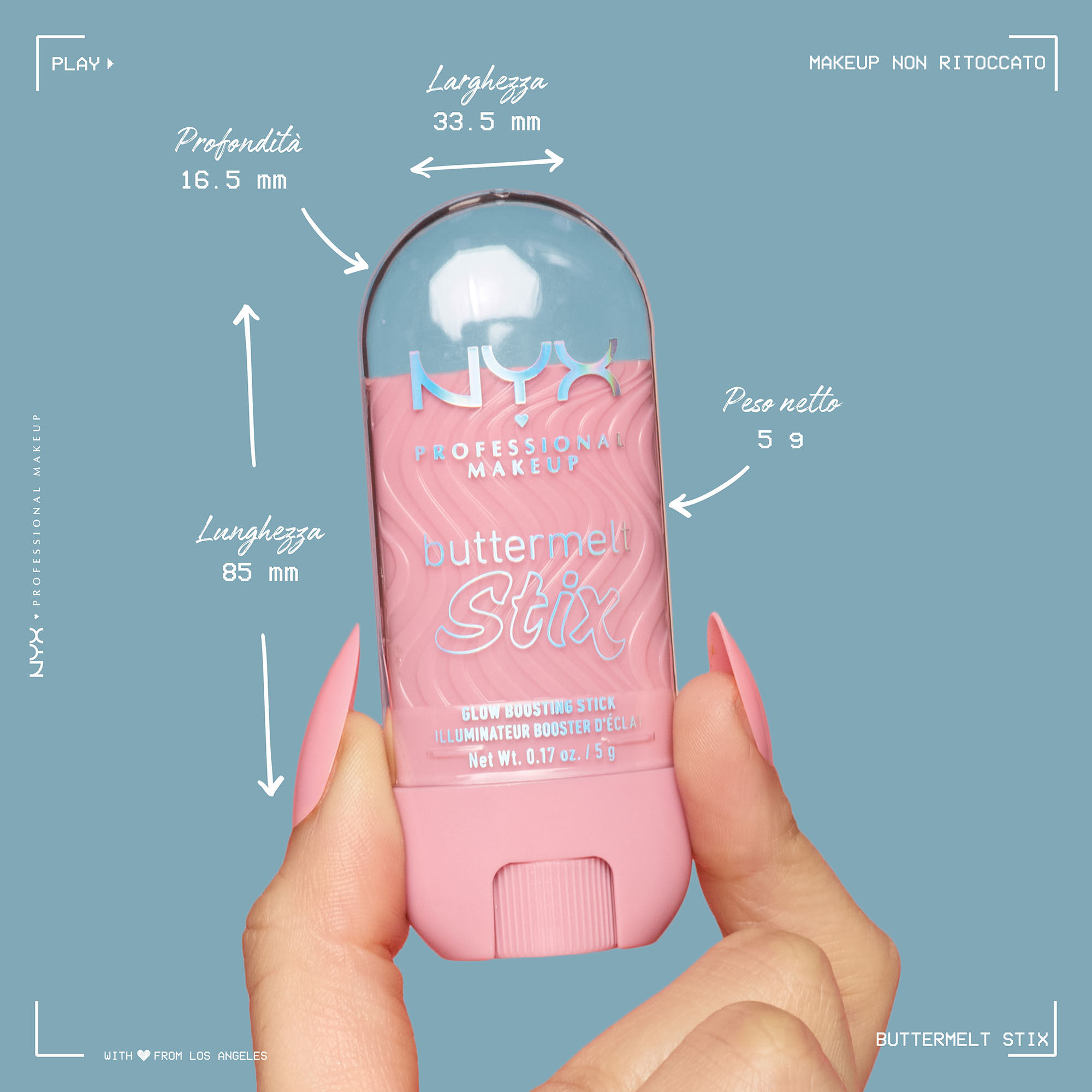 Dimensioni del prodotto Buttermelt Stix Highlighter di NYX: larghezza 33.5mm, lunghezza 85mm, profondita 16,5mm, peso netto 5g