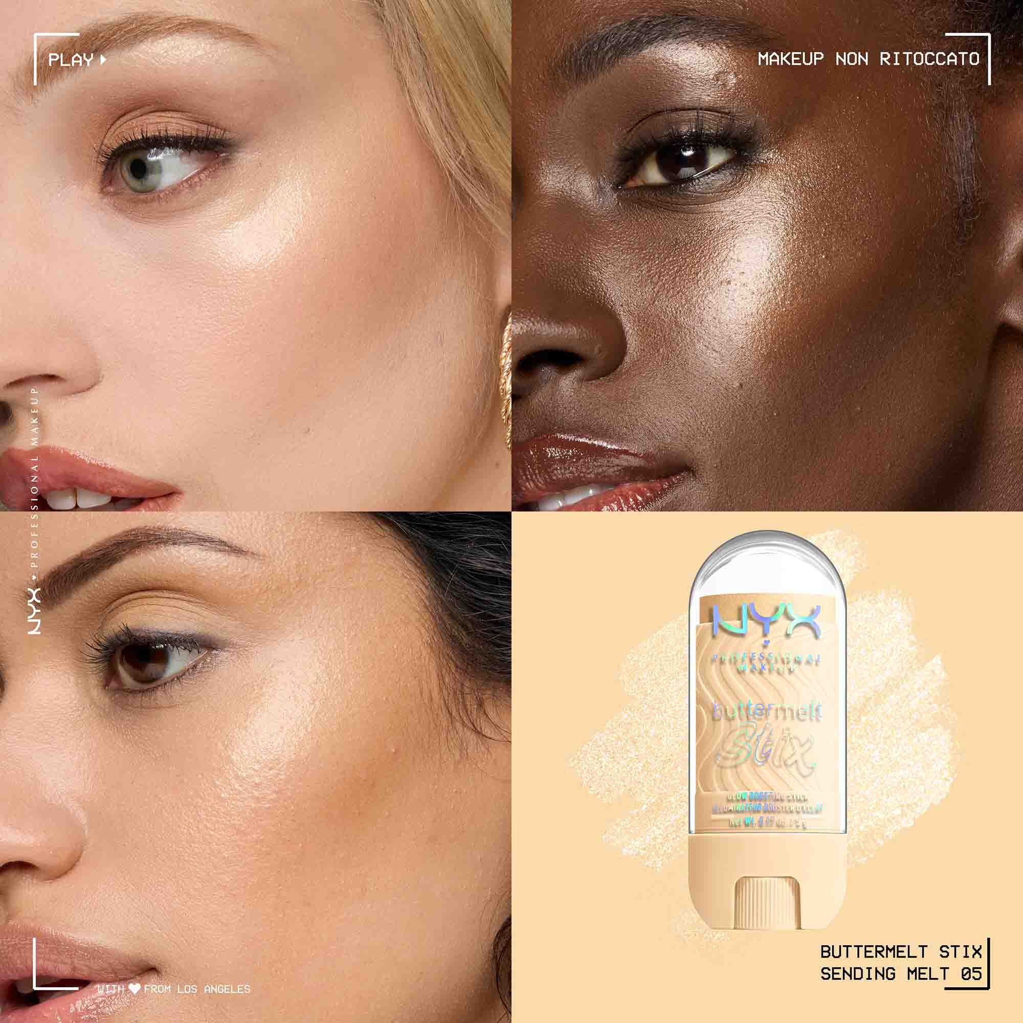 Applicazione dello Stick illuminante Buttermelt Stix Glow Boosting di Nyx Professional Makeup su diverse tonalita di incarnato