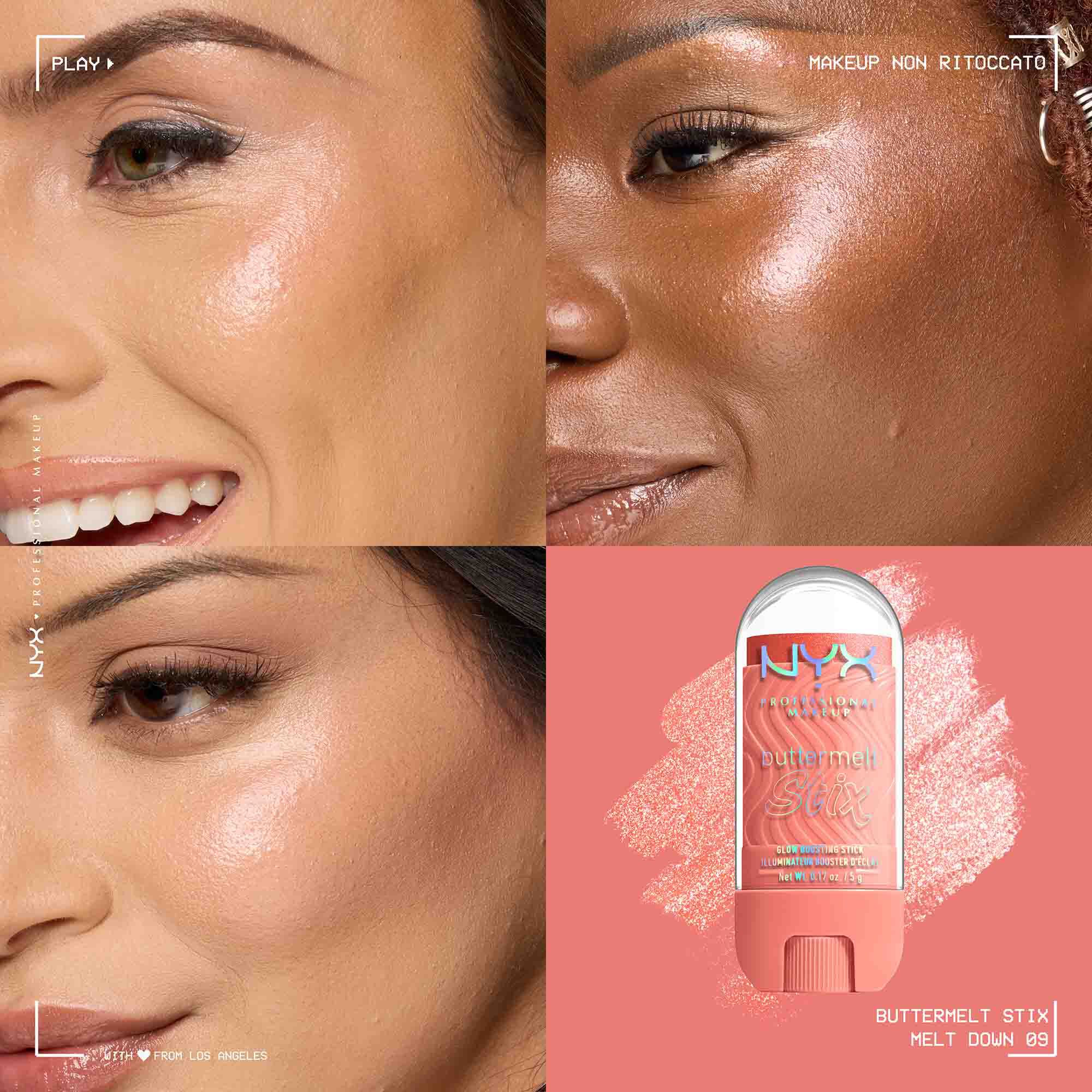Applicazione dello Stick illuminante Buttermelt Stix Glow Boosting di Nyx Professional Makeup su diverse tonalita di incarnato