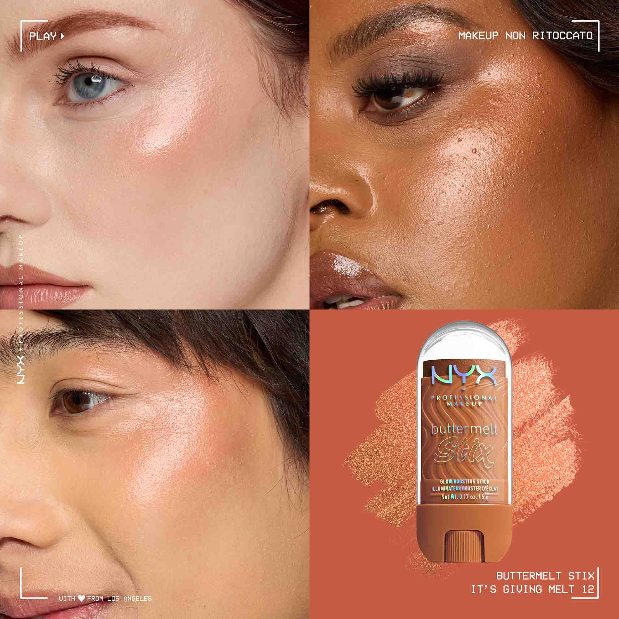 Applicazione dello Stick illuminante Buttermelt Stix Glow Boosting di Nyx Professional Makeup su diverse tonalita di incarnato