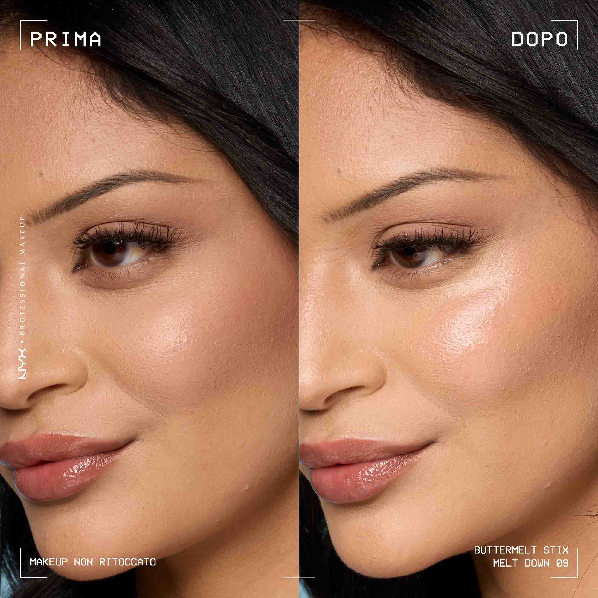Prima e dopo applicazione dello Stick illuminante Buttermelt Stix Glow Boosting di Nyx Professional Makeup