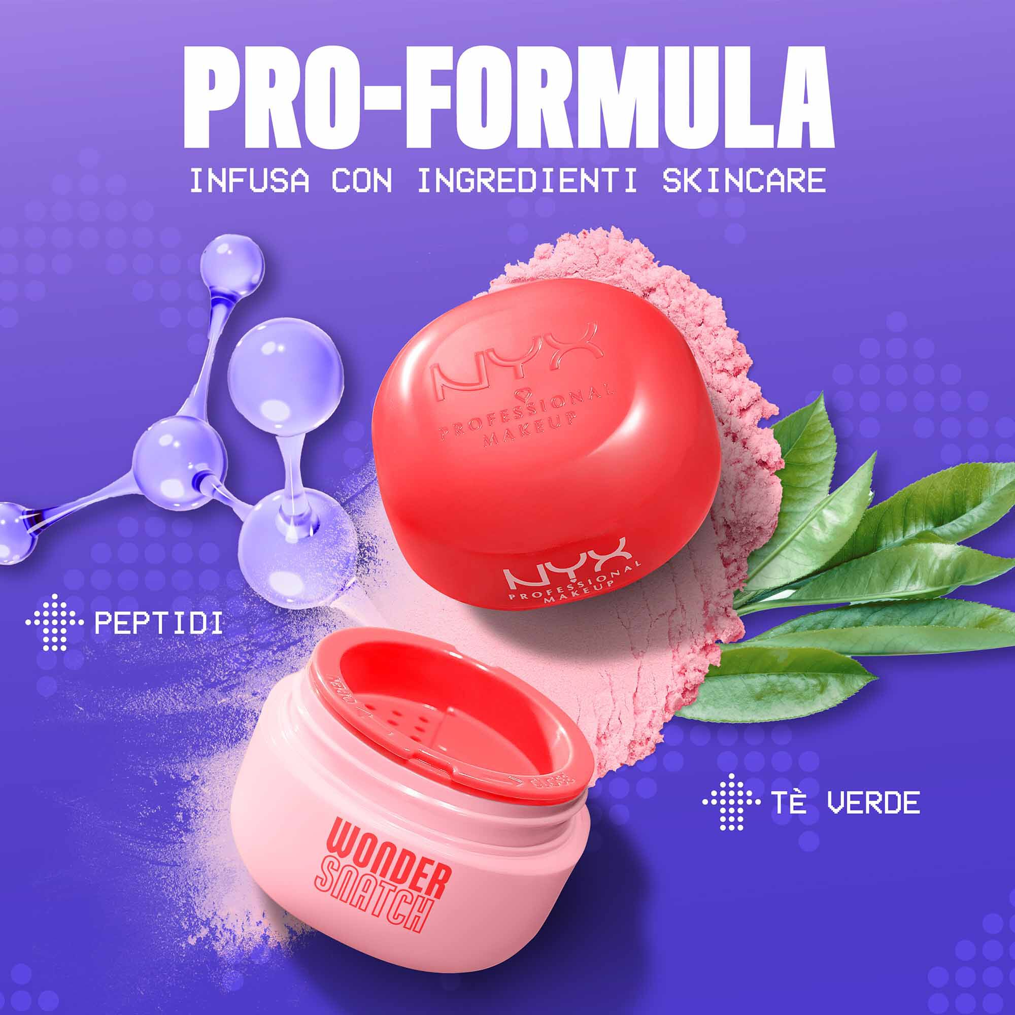 Ingredienti chiave della cipria fissante NYX Professional Makeup Wonder Snatch: peptidi liftanti e foglie di te verde.