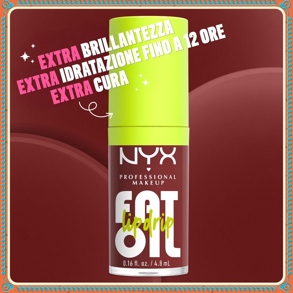 Primo piano di un singolo pack di gloss labbra NYX Fat Oil. Il testo intorno evidenzia i principali benefici: "EXTRA BRILLANTEZZA", "EXTRA IDRATAZIONE FINO A 12 ORE" ed "EXTRA PROTEZIONE". Il pack e caratterizzato da un tappo verde neon.