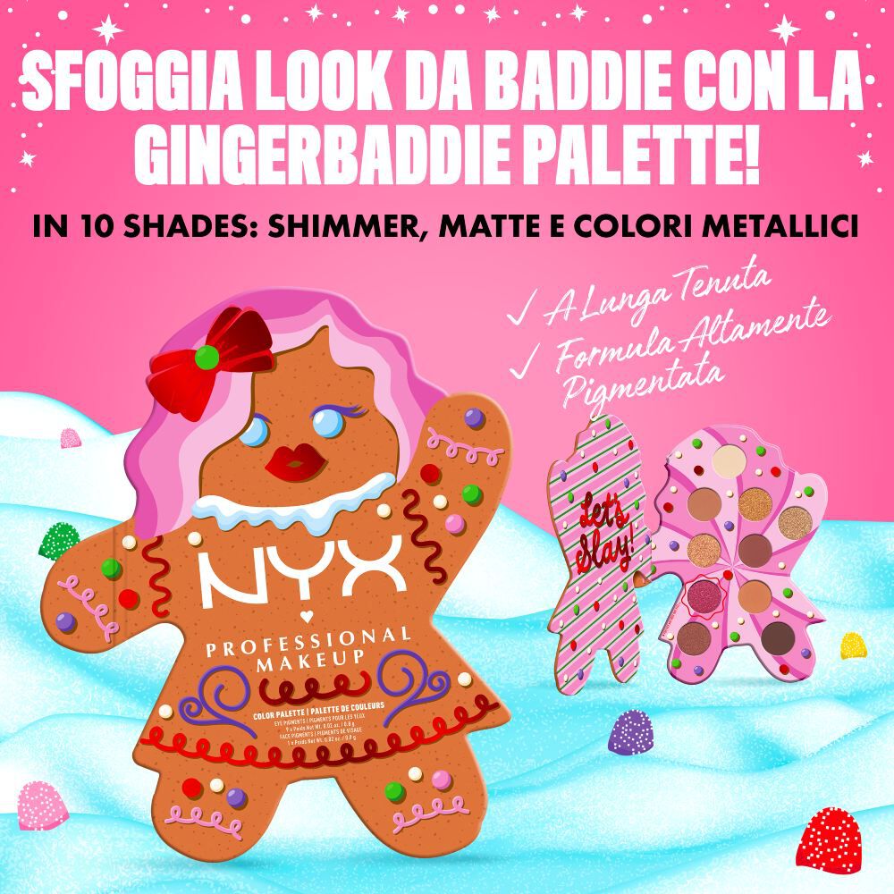 Presenta una vista dall’alto di dieci colori di ombretto sciolto, ciascuno rappresentante una tonalita della NYX Professional Makeup Holiday Gingerbaddie Palette.