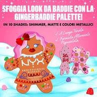Presenta una vista dall’alto di dieci colori di ombretto sciolto, ciascuno rappresentante una tonalita della NYX Professional Makeup Holiday Gingerbaddie Palette.