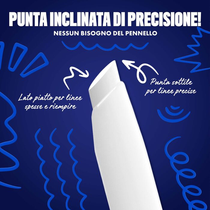 Blue-themed NYX graphic highlighting the slanted tip of an eyeliner pen. Arrows explain how to use the flat edge for wings and the top edge for precise lines. Text: "Ultra precise slanted tip! No angled brush needed." in shade 17 Wired White
