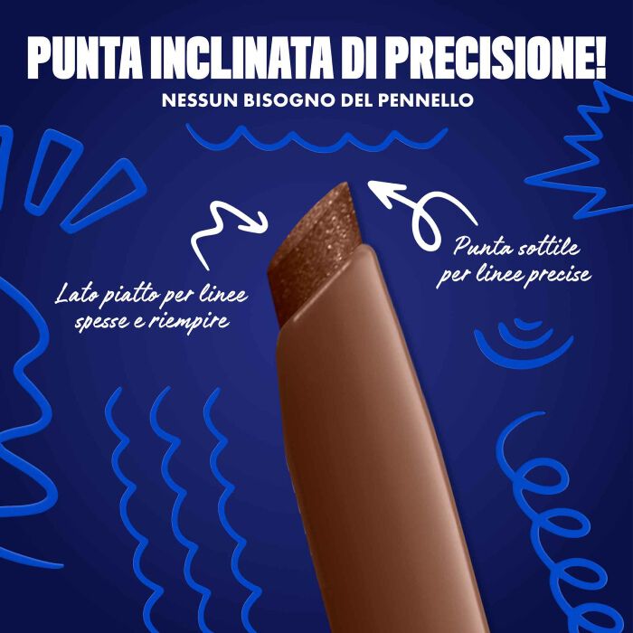 Blue-themed NYX graphic highlighting the slanted tip of an eyeliner pen. Arrows explain how to use the flat edge for wings and the top edge for precise lines. Text: "Ultra precise slanted tip! No angled brush needed." in shade 03 Kinetic Copper