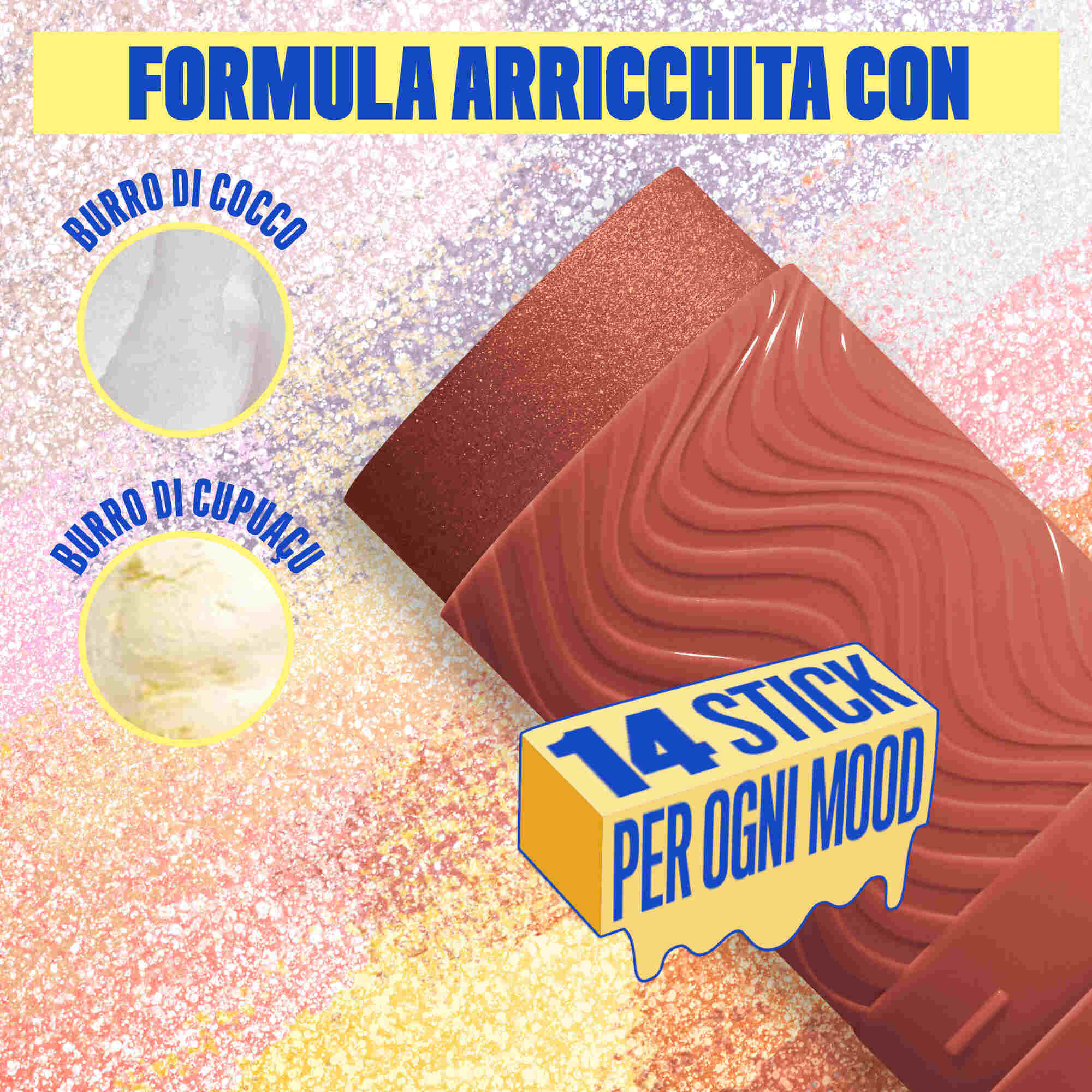 Formula dello Stick illuminante Buttermelt Stix Glow Boosting di Nyx Professional Makeup, arricchita con burro di cocco e burro di cupuacu