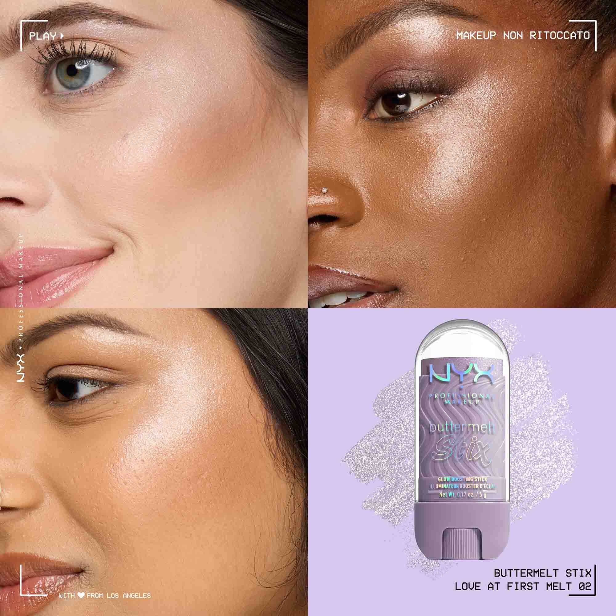 Applicazione dello Stick illuminante Buttermelt Stix Glow Boosting di Nyx Professional Makeup su diverse tonalita di incarnato