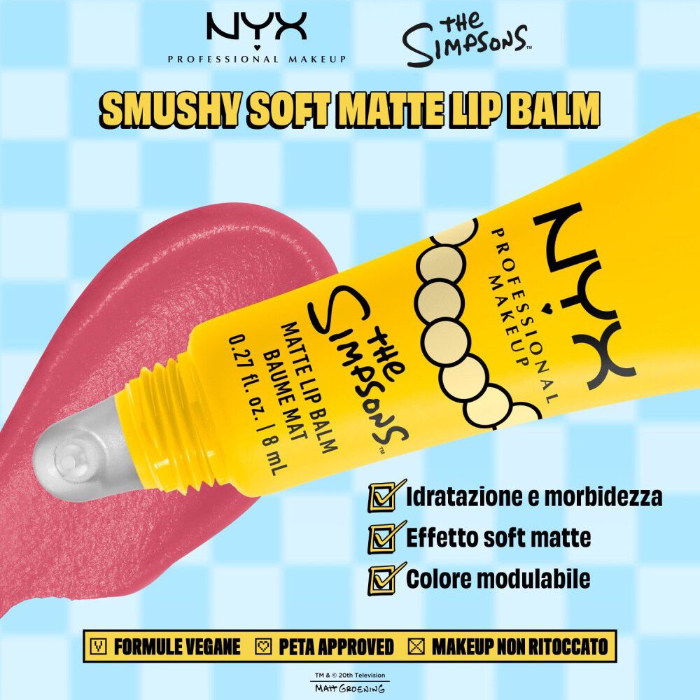 Packshot del balsamo labbra opaco NYX Professional Makeup The Simpsons Smushy Matte con testo sui benefici del prodotto e swatch rosa su sfondo blu, tonalita 01 Smarty Pink.