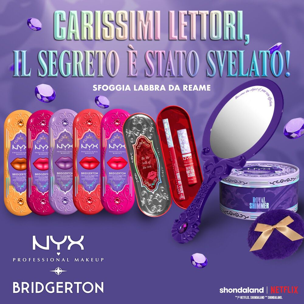 Collezione NYX Bridgerton con sei confezioni di kit labbra, uno specchio compatto e un piumino illuminante su uno sfondo viola.