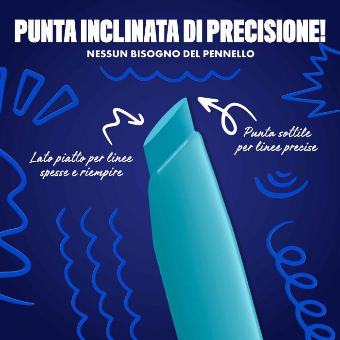 Blue-themed NYX graphic highlighting the slanted tip of an eyeliner pen. Arrows explain how to use the flat edge for wings and the top edge for precise lines. Text: "Ultra precise slanted tip! No angled brush needed." in shade 06 Cyber Cyan