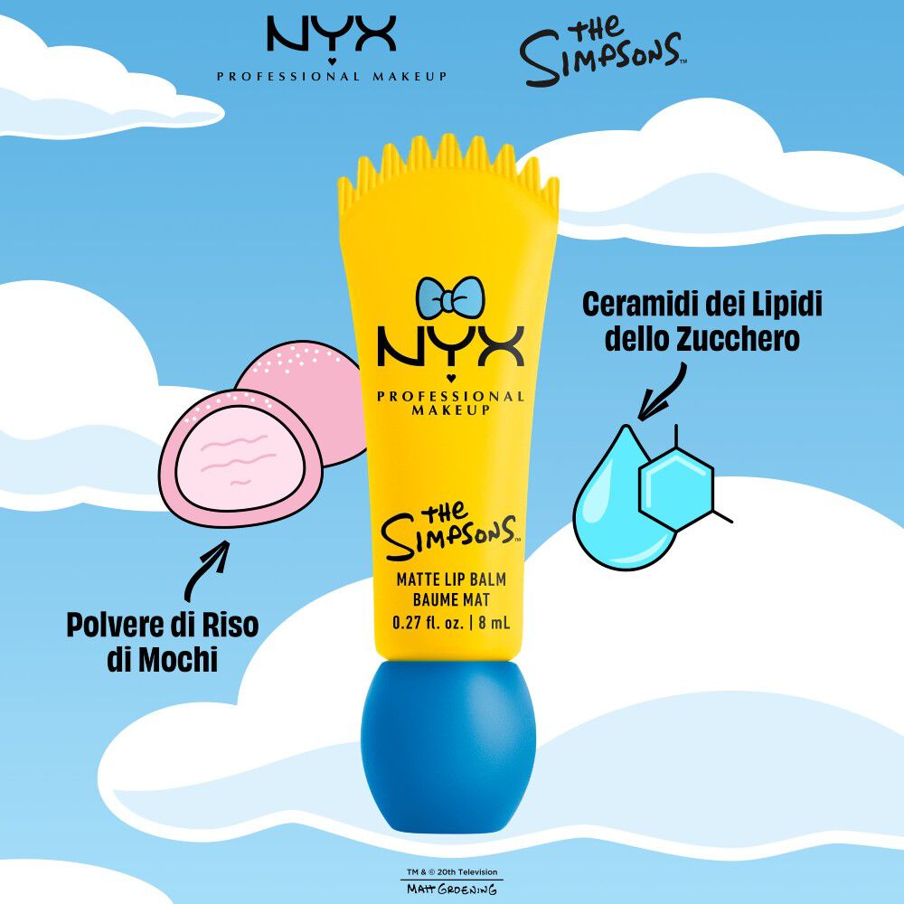 Packshot del balsamo labbra opaco NYX Professional Makeup The Simpsons Smushy Matte con ingredienti illustrati tra cui polvere di riso mochi e ceramidi da lipidi dello zucchero, tonalita 03 Peekaboo Blue.