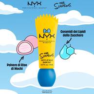 Packshot del balsamo labbra opaco NYX Professional Makeup The Simpsons Smushy Matte con ingredienti illustrati tra cui polvere di riso mochi e ceramidi da lipidi dello zucchero, tonalita 03 Peekaboo Blue.