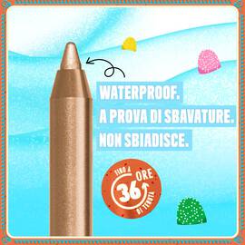 Presenta un primo piano della punta di un eyeliner dorato su uno sfondo azzurro chiaro e festoso. Il testo mette in evidenza i suoi benefici: "WATERPROOF, A PROVA DI SBAVATURE, NON SBIADISCE" e sottolinea " FINO A 36 ORE DI TENUTA" con un'icona a forma di orologio