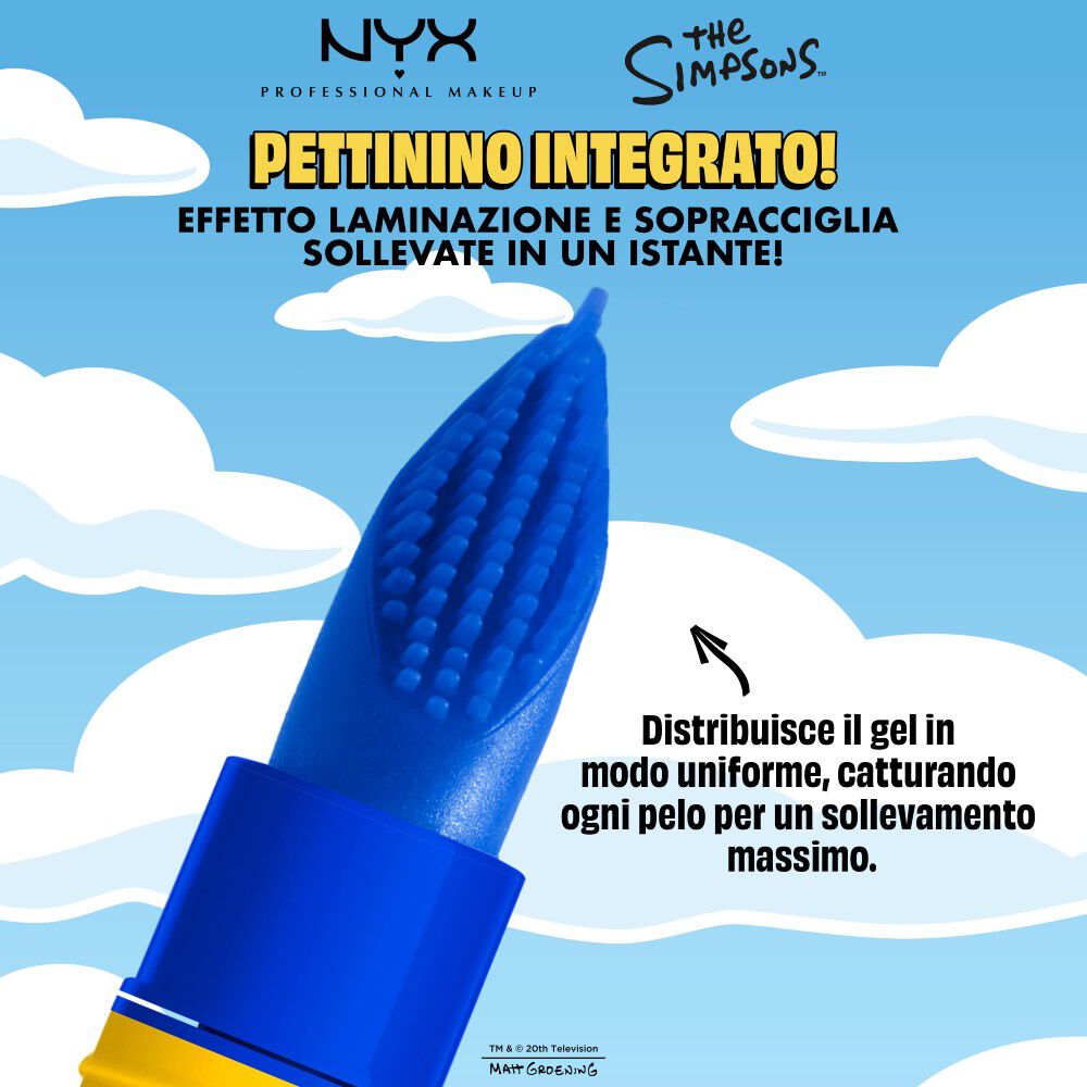 Applicatore del gel sopracciglia NYX Professional Makeup The Simpsons Mega Glue, pettine modellante blu integrato con caratteristiche del prodotto su sfondo blu.