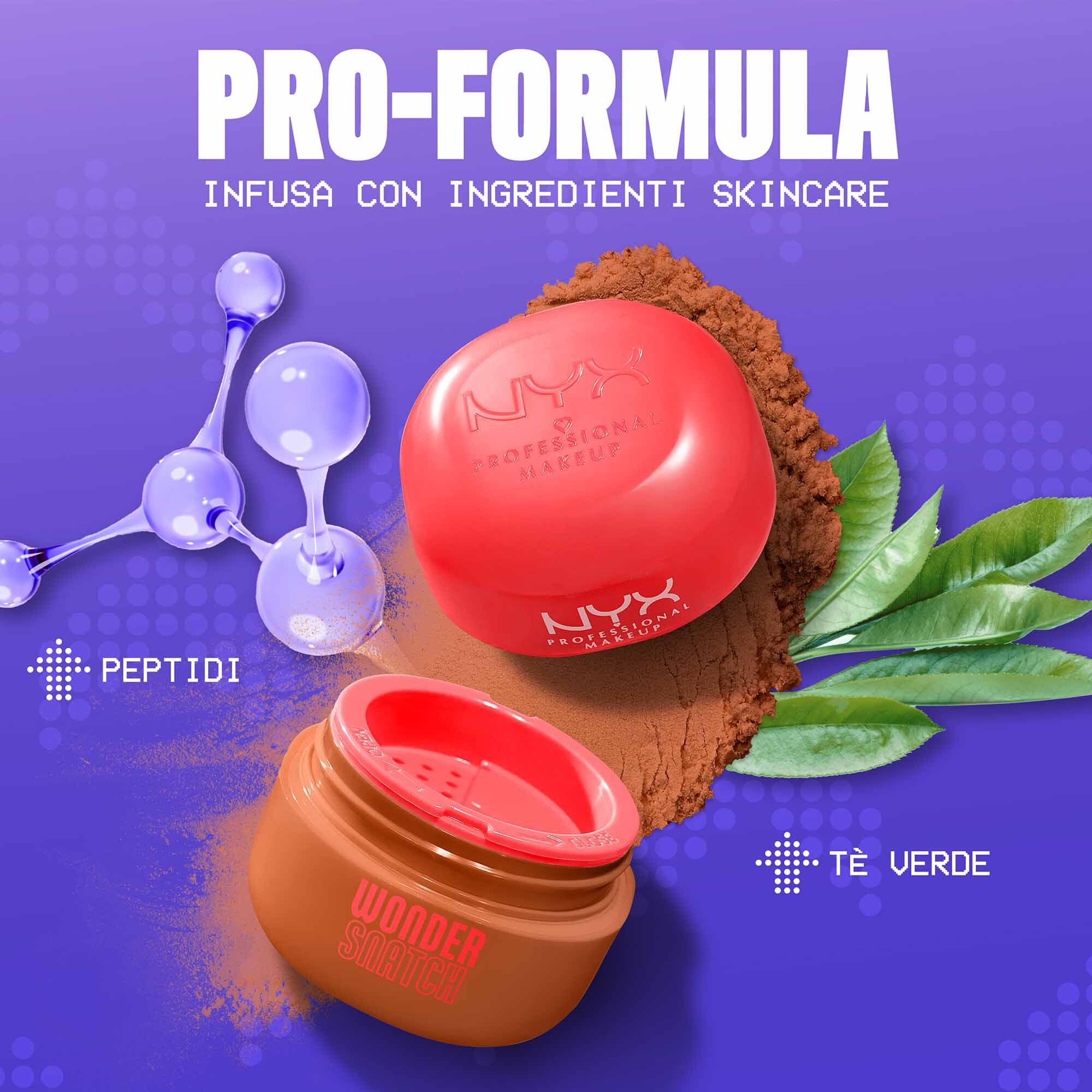 Ingredienti chiave della cipria fissante NYX Professional Makeup Wonder Snatch: peptidi liftanti e foglie di te verde.