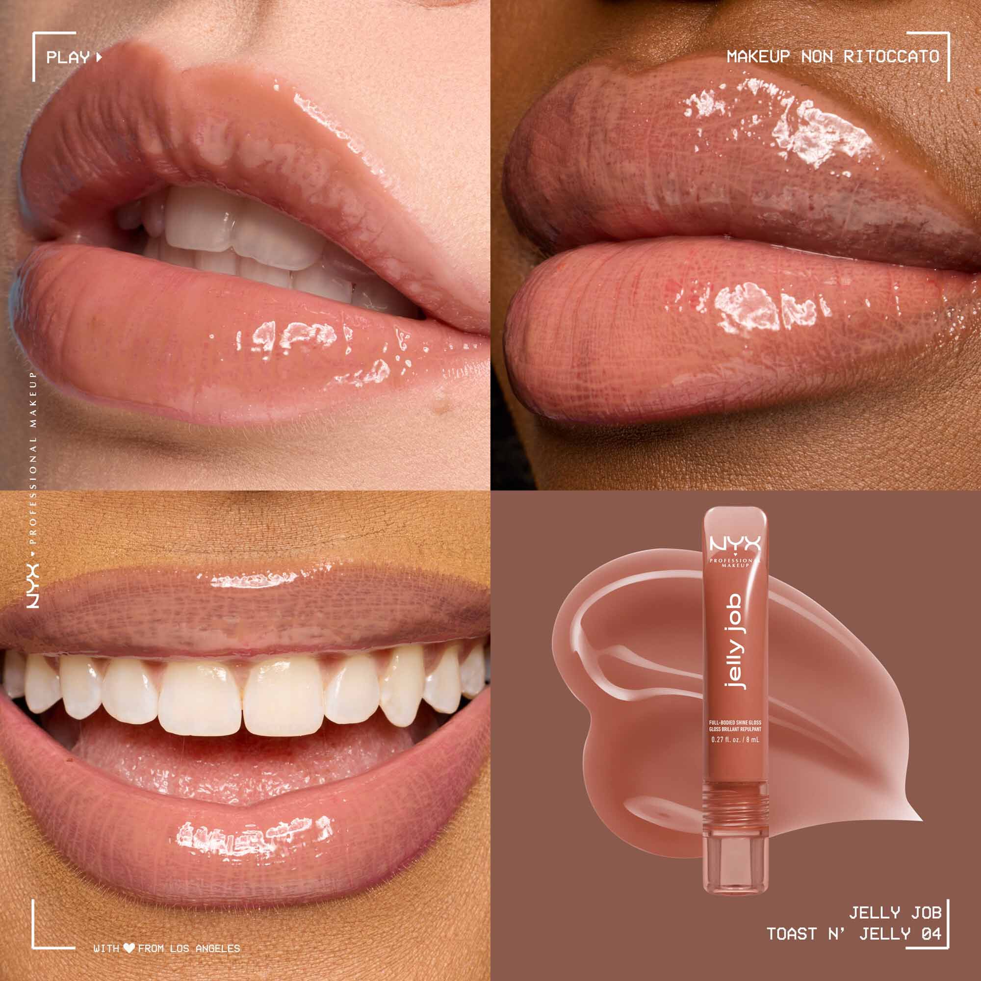 Quadrant showing Jelly Job lip macros on three models of fair, deep, medium skin tones and the product solider with swatch behind the hex code color in shade 04 Toast N' Jelly