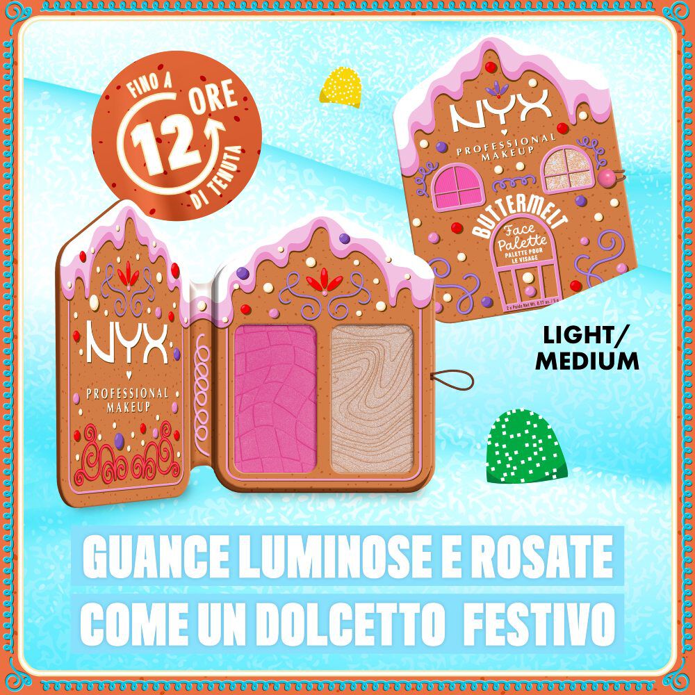 Presenta tre "Buttermelt Face Palettes" in diverse condizioni di illuminazione, mettendo in evidenza il beneficio "GUANCE LUMINOSE E ARROSSATE COME UNO SNACK DELLE FESTE!" insieme all’icona "FINO A 12 ORE DI TENUTA". Tonalita 01 Light/Medium.