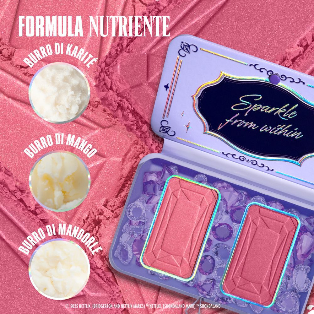 Il 'NYX Professional Makeup Bridgerton Blush Duo' aperto, con tre cerchi che indicano gli ingredienti chiave: Burro di Karite, Burro di Mango e Burro di Mandorle, enfatizzando una 'Formula Nutriente' nella tonalita 02 Lady In Silver.