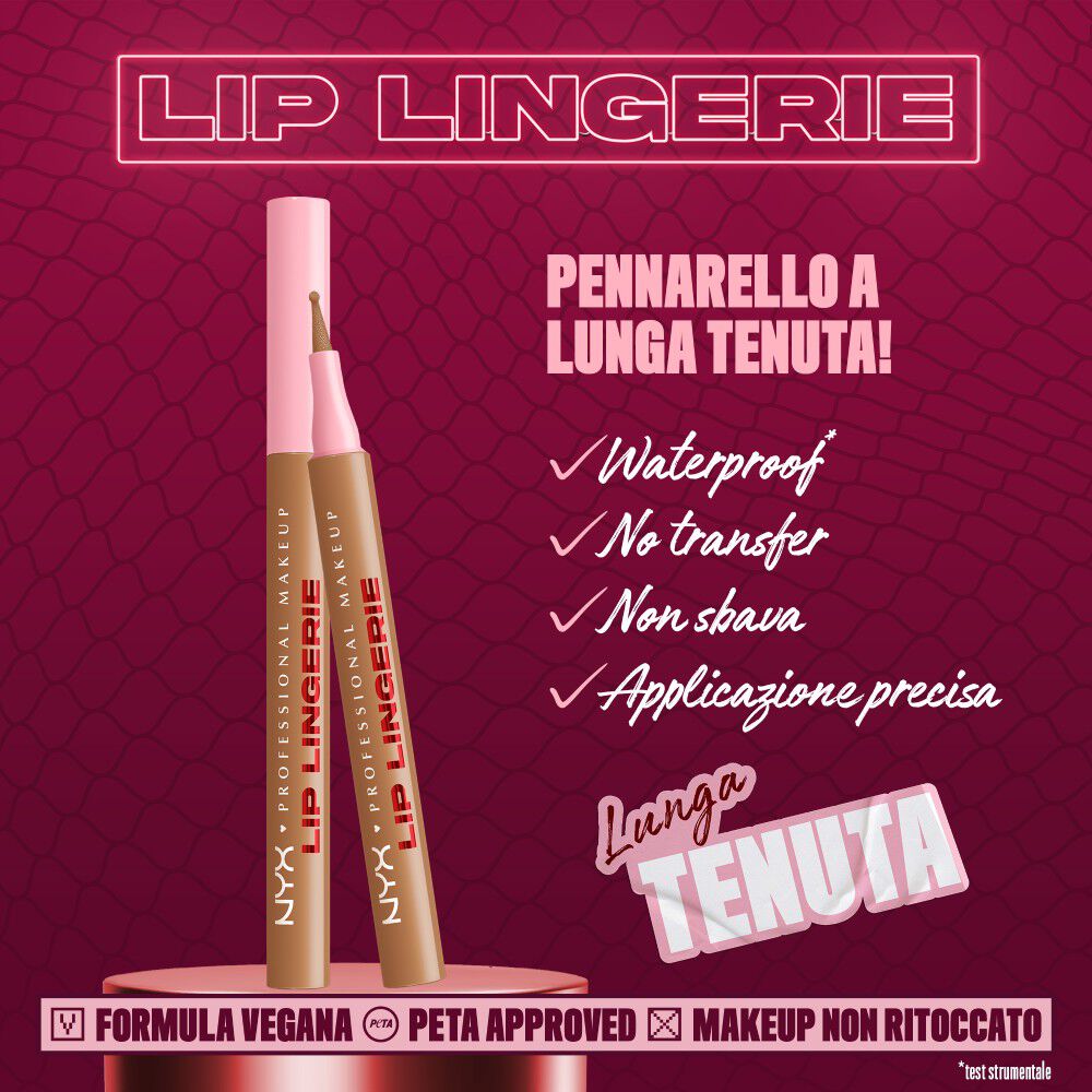 Caratteristiche del prodotto NYX Professional Makeup Lip Lingerie: pennarello per delineare le labbra Waterproof, Transfer-proof, 'Smudge-proof', senza bisogno di ritocchi durante il giorno.