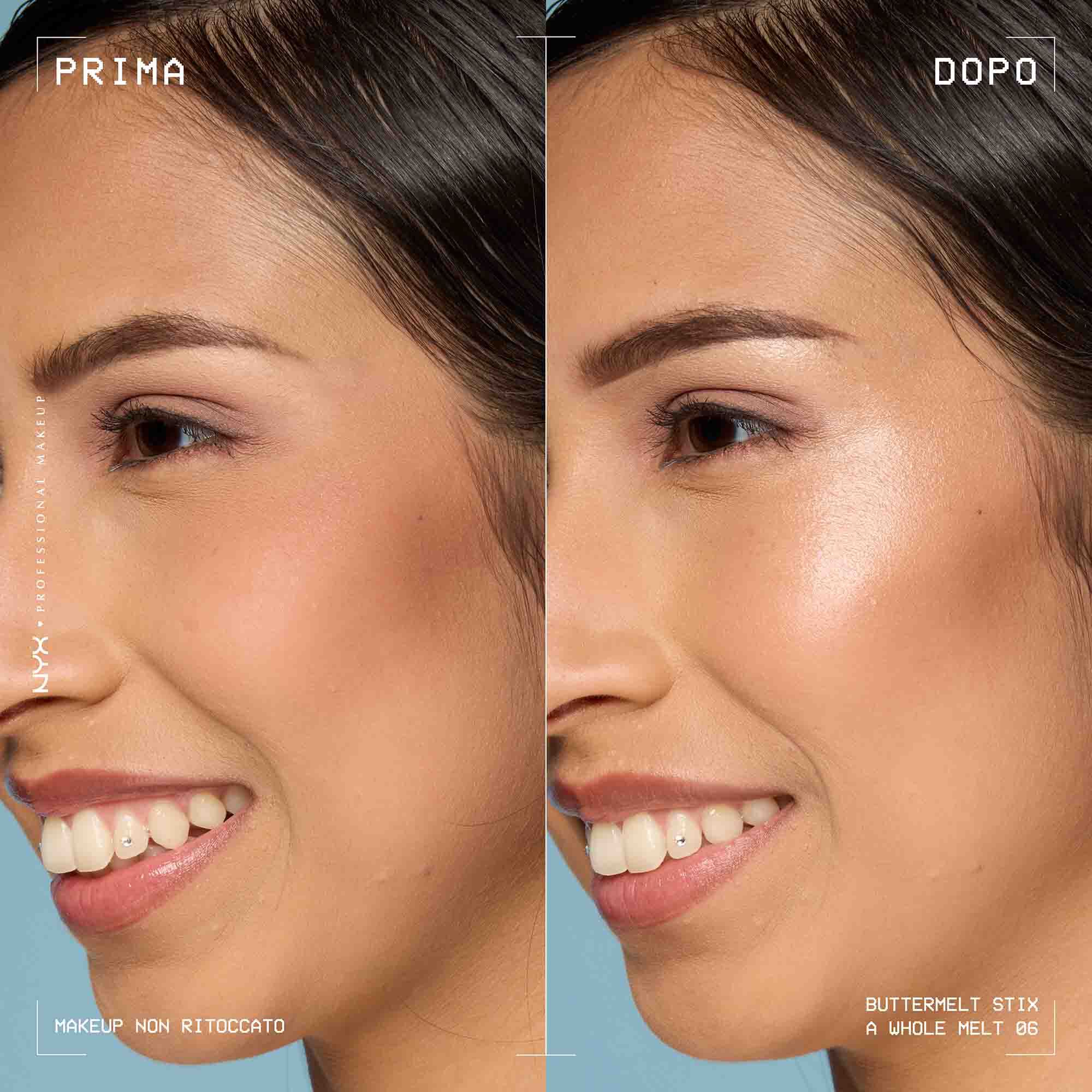 Prima e dopo applicazione dello Stick illuminante Buttermelt Stix Glow Boosting di Nyx Professional Makeup