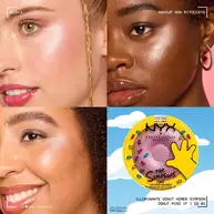 Griglia delle tonalita dell'illuminante NYX Professional Makeup The Simpsons che mostra gli swatch del prodotto su diverse carnagioni con packaging a tema ciambella, tonalita 01 Donut mind if I do.