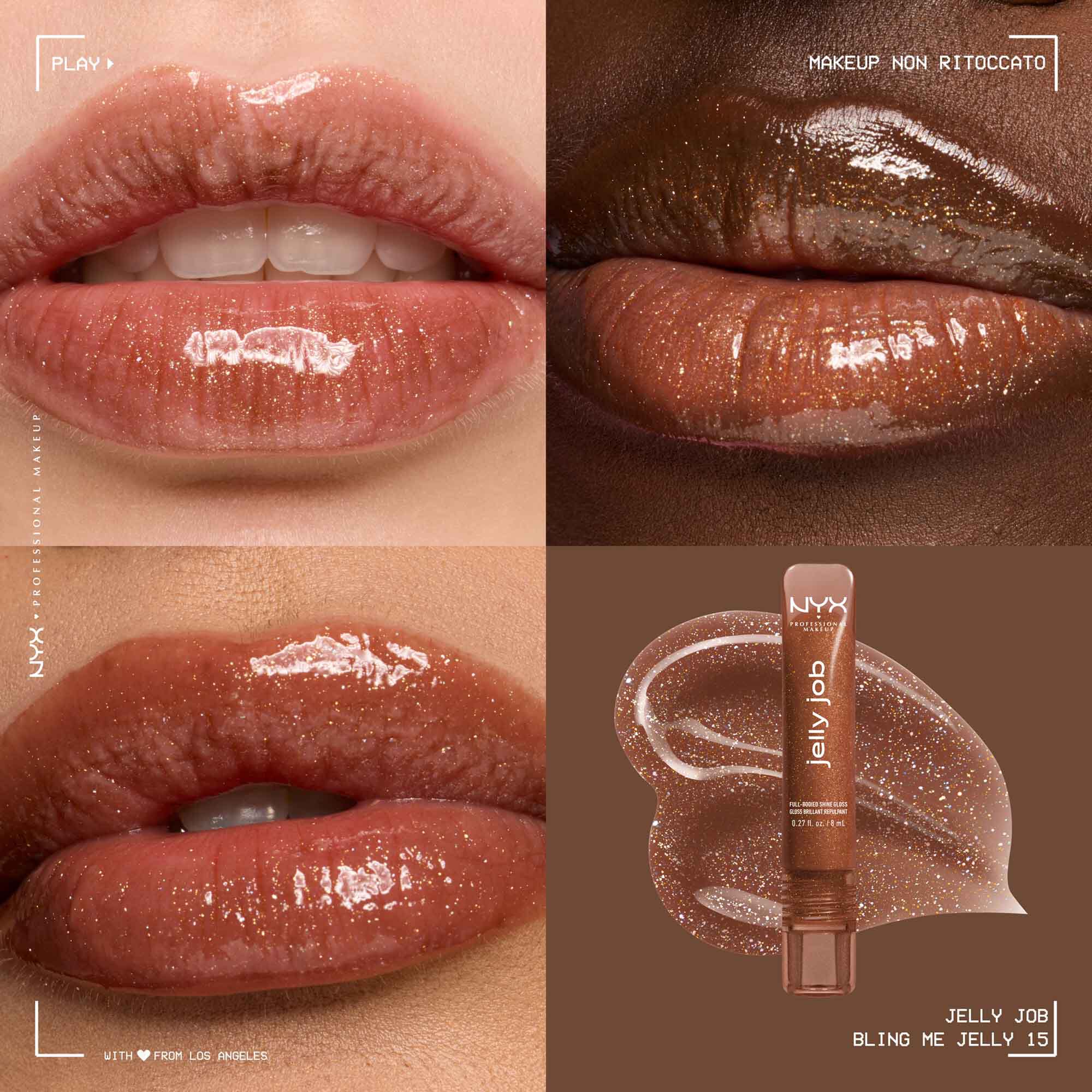 Quadrant showing Jelly Job lip macros on three models of fair, deep, medium skin tones and the product solider with swatch behind the hex code color in shade 15 Bling Me Jelly