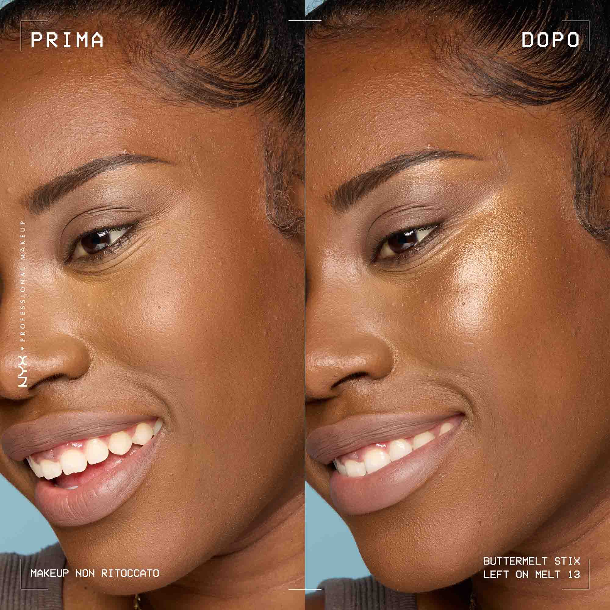 Prima e dopo applicazione dello Stick illuminante Buttermelt Stix Glow Boosting di Nyx Professional Makeup