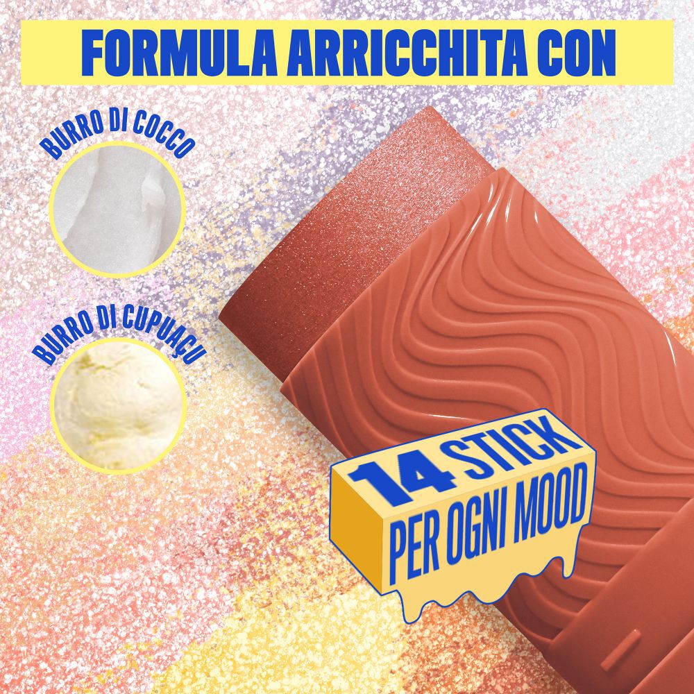 Formula dello Stick illuminante Buttermelt Stix Glow Boosting di Nyx Professional Makeup, arricchita con burro di cocco e burro di cupuacu