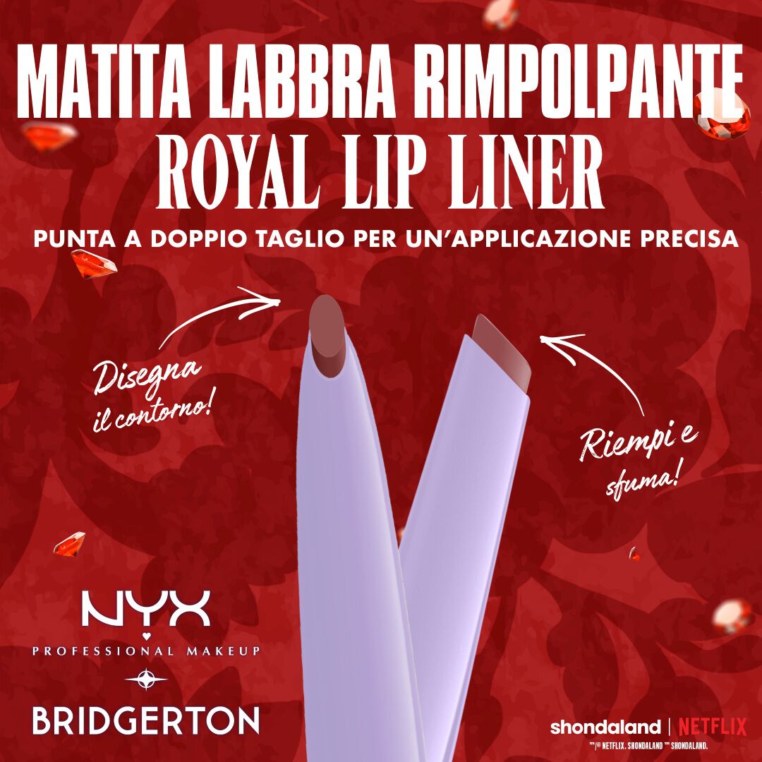 NYX Precision Duck Plump Plumping Royal Lip Liner mostrato con doppie punte, che offre vantaggi per un'applicazione precisa e la definizione delle labbra nella tonalita Peony Passion, Cupid's Secret