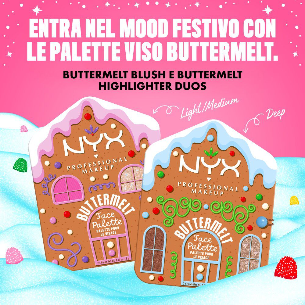 Mostra due "Buttermelt Face Palettes", etichettate "Light/Medium" e "Deep", con il testo "INFIAMMA LE VACANZE CON LE PALETTE VISO BUTTERMELT!"