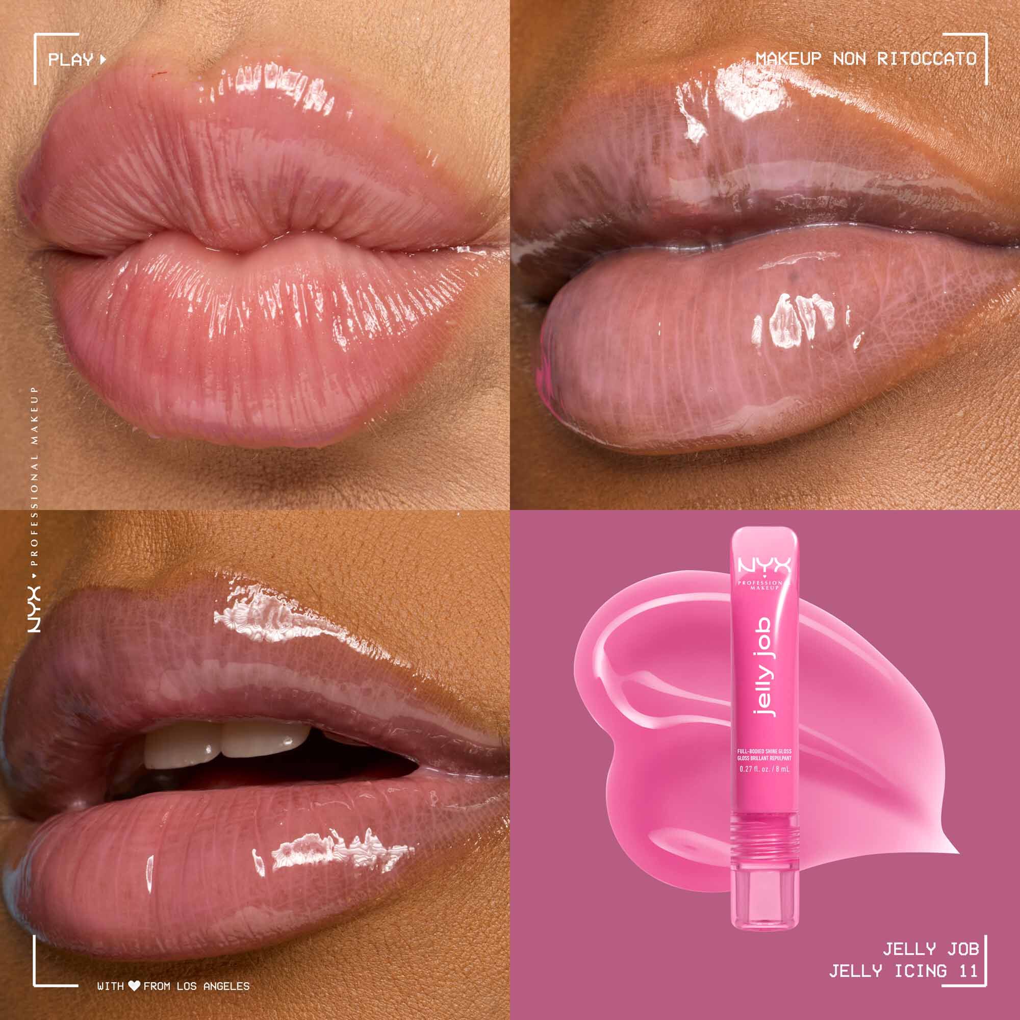 Quadrant showing Jelly Job lip macros on three models of fair, deep, medium skin tones and the product solider with swatch behind the hex code color in shade 11 Jelly Icing