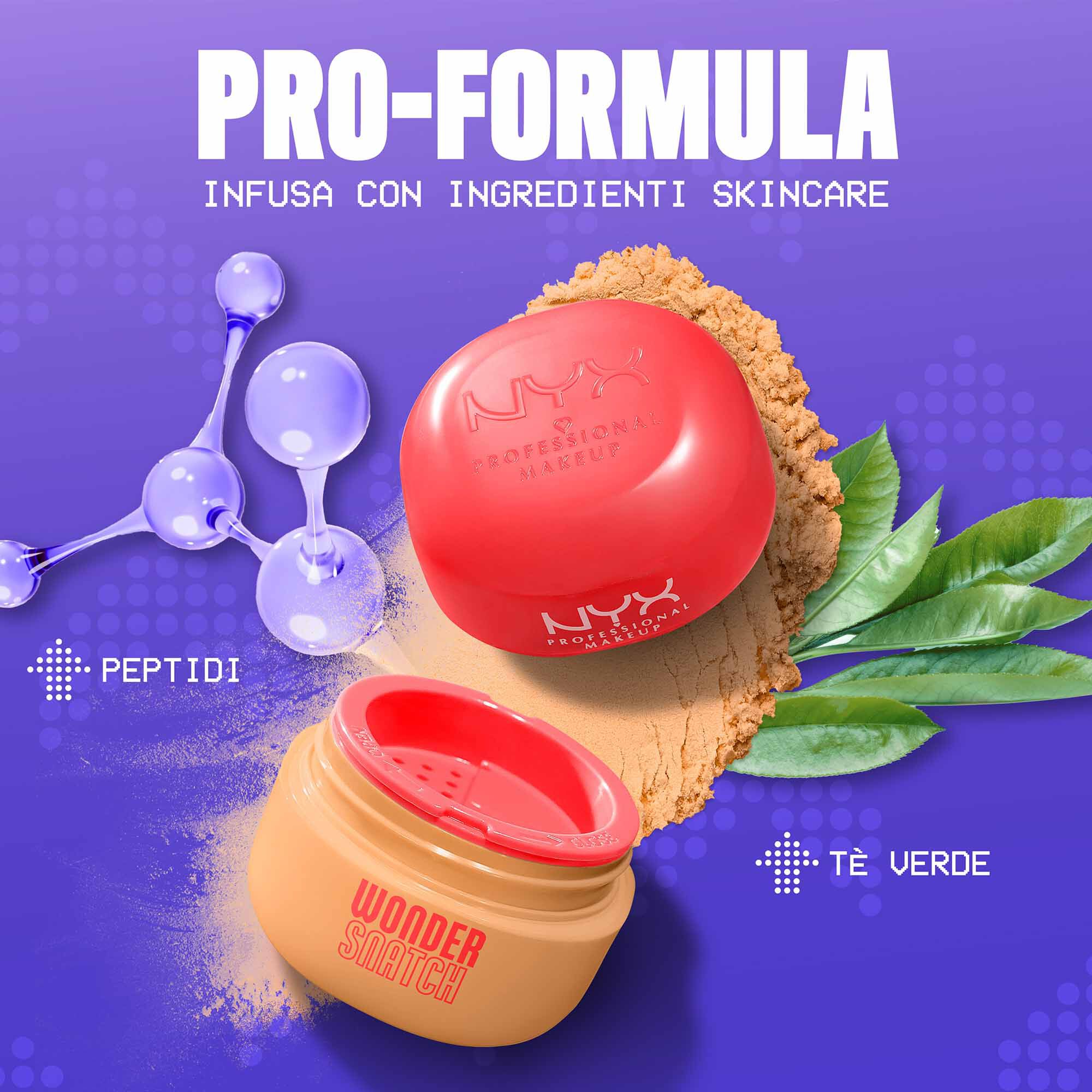 Ingredienti chiave della cipria fissante NYX Professional Makeup Wonder Snatch: peptidi liftanti e foglie di te verde.