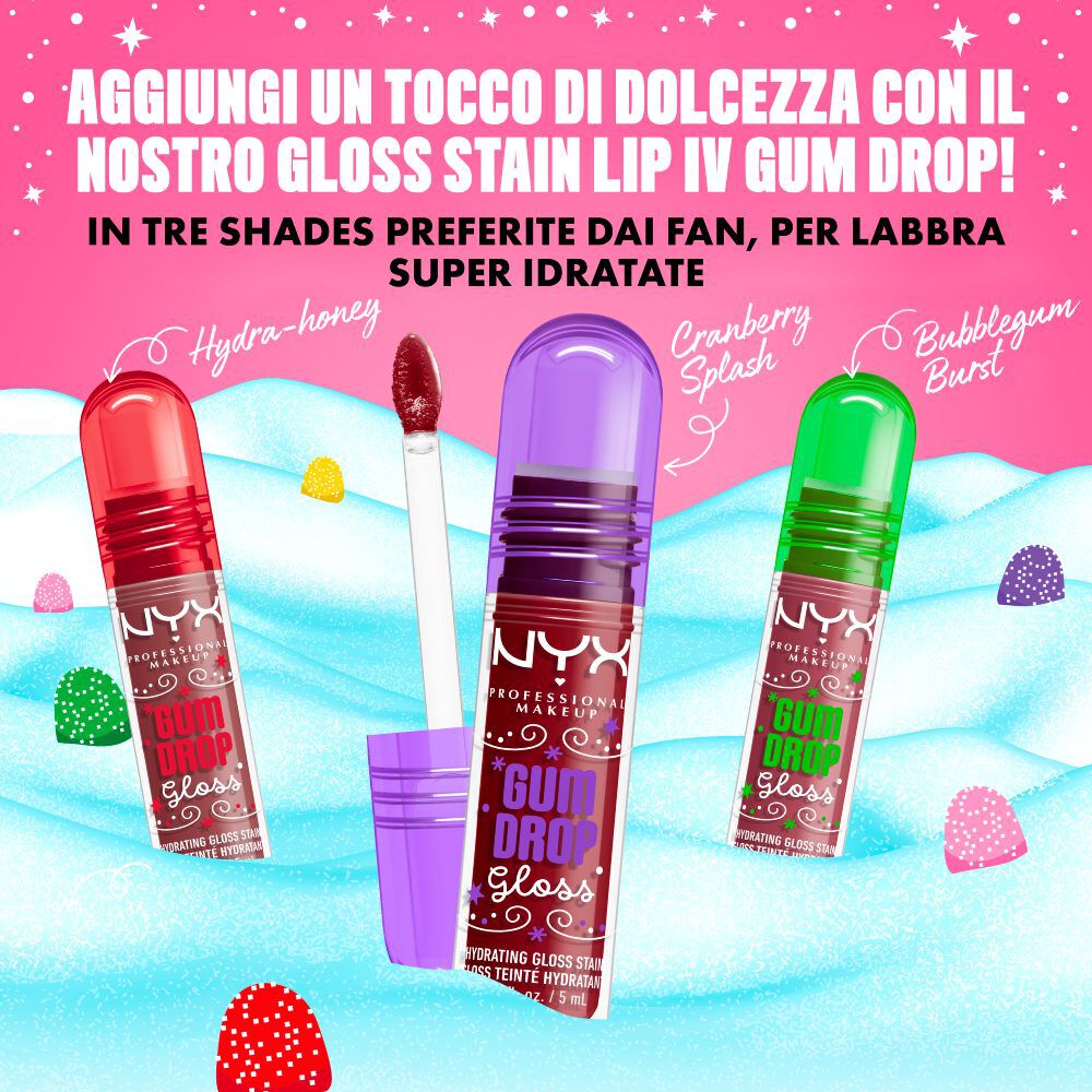 Esposizione delle tre tonalita di gloss NYX Professional Makeup Gum Drop Lip I.V. in posizione verticale, accompagnate da elementi visivi a forma di caramelle gommose e dal claim che promuove una brillantezza intensa e idratante per le labbra.