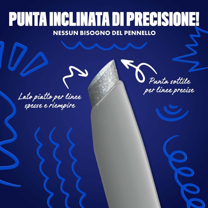 Blue-themed NYX graphic highlighting the slanted tip of an eyeliner pen. Arrows explain how to use the flat edge for wings and the top edge for precise lines. Text: "Ultra precise slanted tip! No angled brush needed." in shade 16 Silver Shock