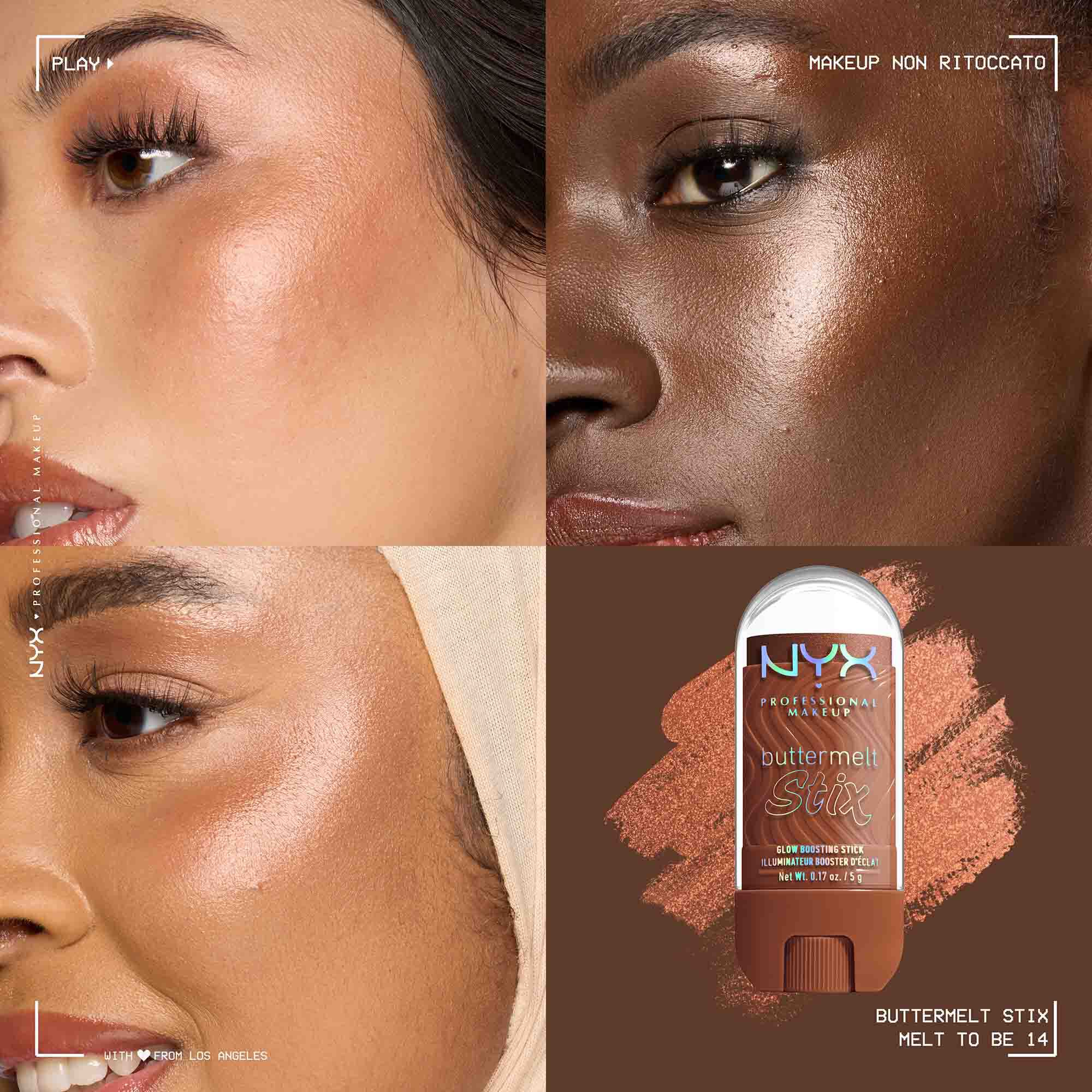 Applicazione dello Stick illuminante Buttermelt Stix Glow Boosting di Nyx Professional Makeup su diverse tonalita di incarnato