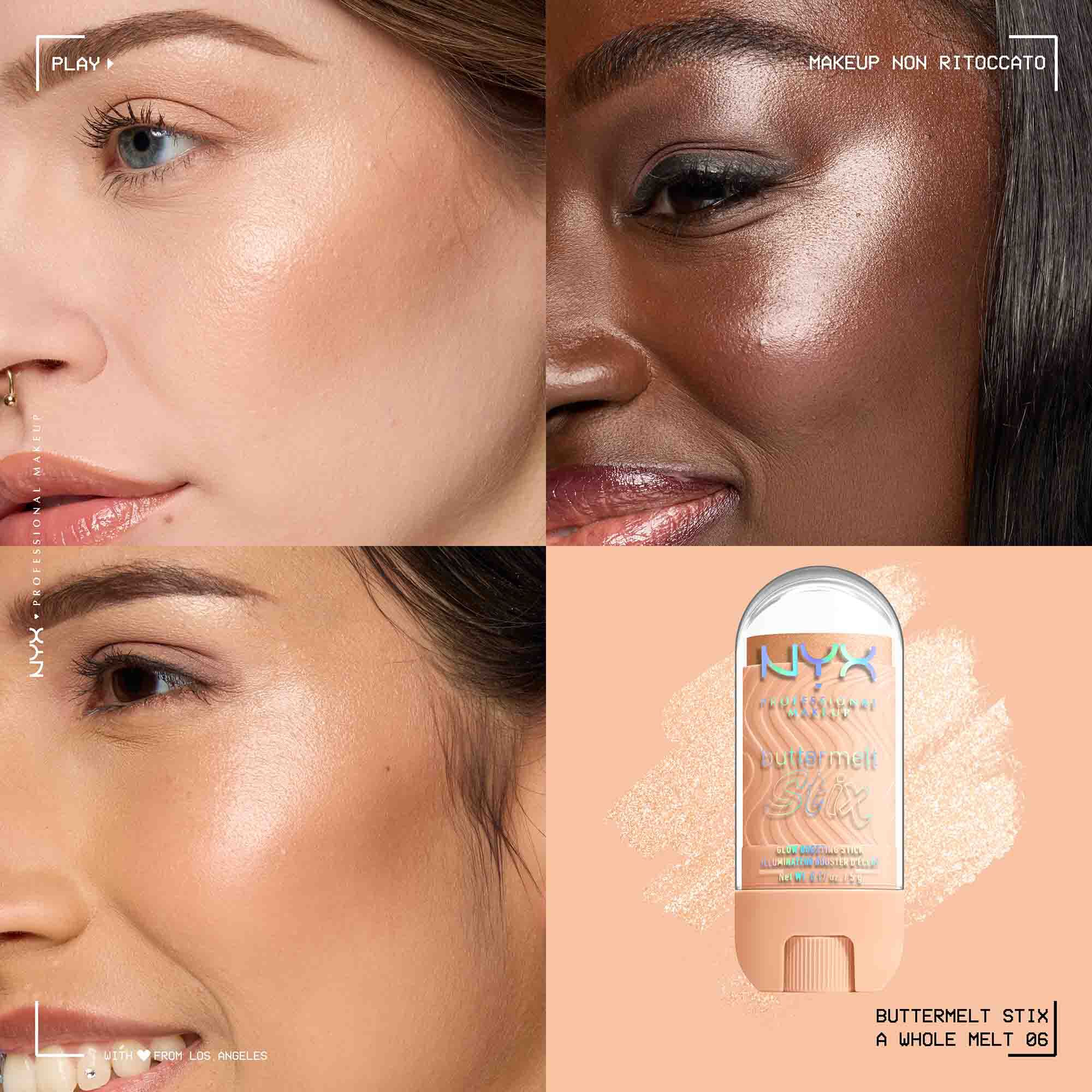 Applicazione dello Stick illuminante Buttermelt Stix Glow Boosting di Nyx Professional Makeup su diverse tonalita di incarnato