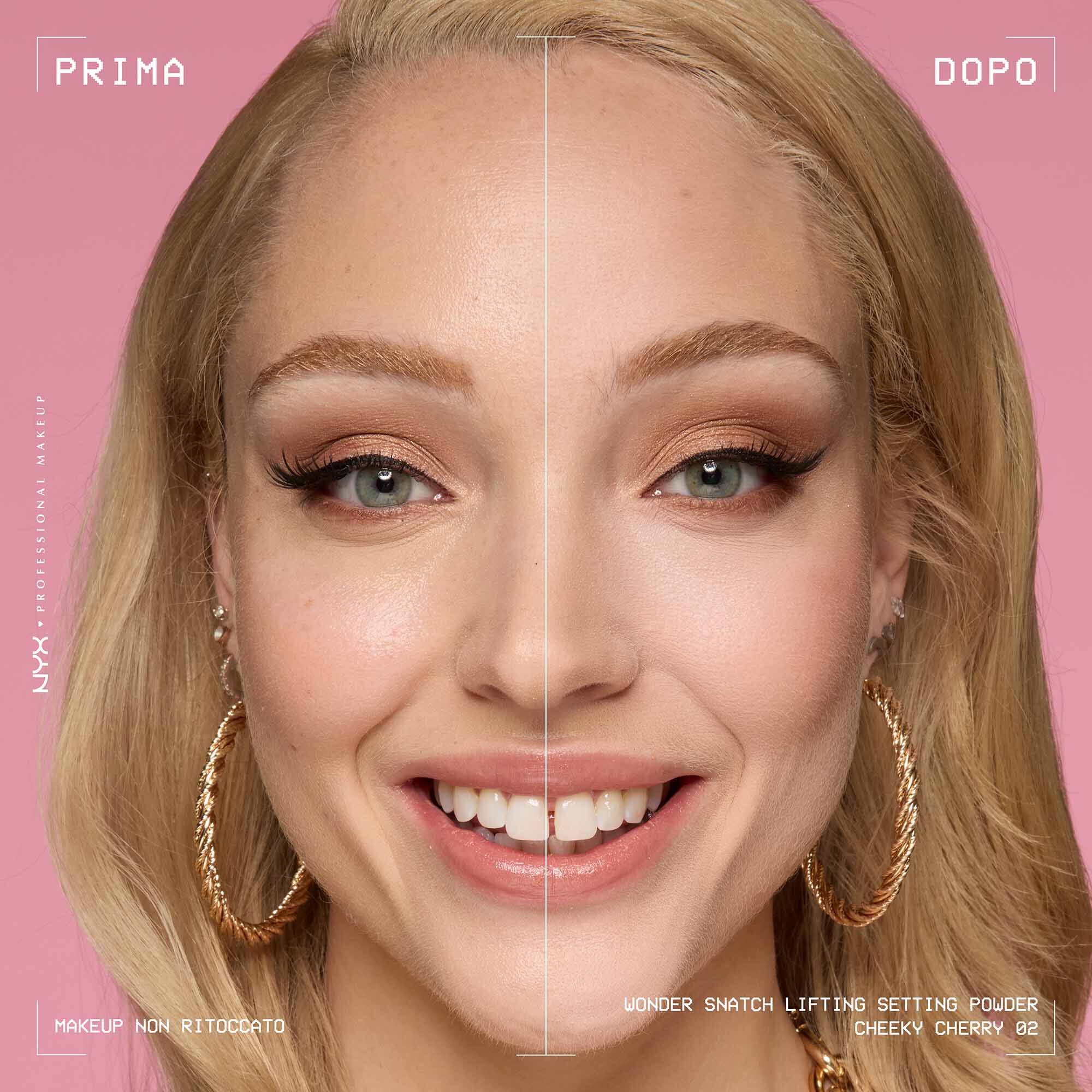 Prima e dopo dell'applicazione della cipria fissante NYX Professional Makeup Wonder Snatch. La pelle risulta piu levigata e luminosa.