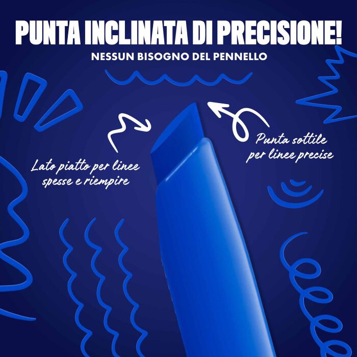 Blue-themed NYX graphic highlighting the slanted tip of an eyeliner pen. Arrows explain how to use the flat edge for wings and the top edge for precise lines. Text: "Ultra precise slanted tip! No angled brush needed." in shade 05 Cobalt Click