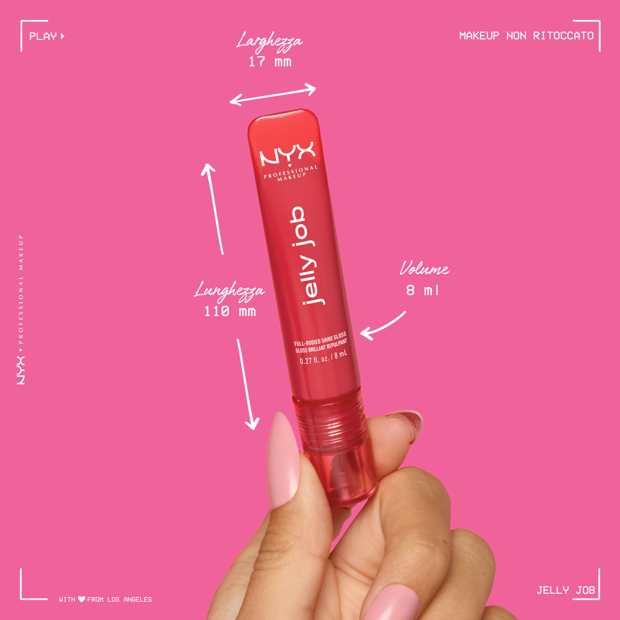 Close up of a model holding a Jelly Job product and dimensions outlined 