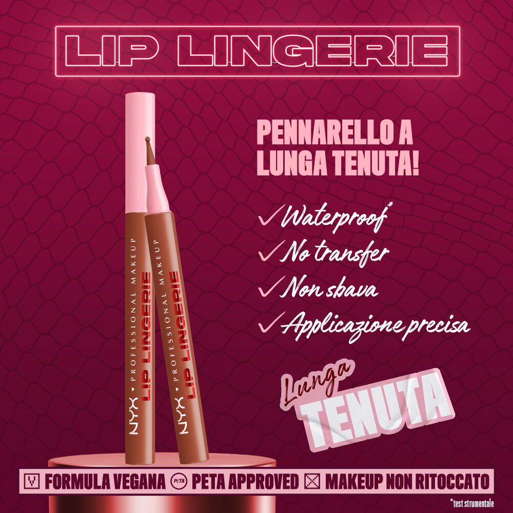 Caratteristiche del prodotto NYX Professional Makeup Lip Lingerie: pennarello per delineare le labbra Waterproof, Transfer-proof, 'Smudge-proof', senza bisogno di ritocchi durante il giorno.