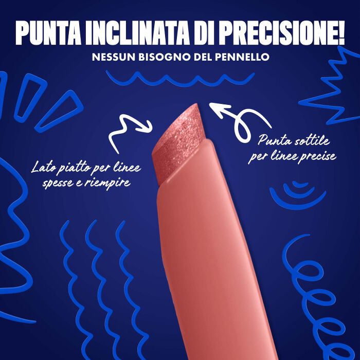Blue-themed NYX graphic highlighting the slanted tip of an eyeliner pen. Arrows explain how to use the flat edge for wings and the top edge for precise lines. Text: "Ultra precise slanted tip! No angled brush needed." in shade 12 Blush Byte