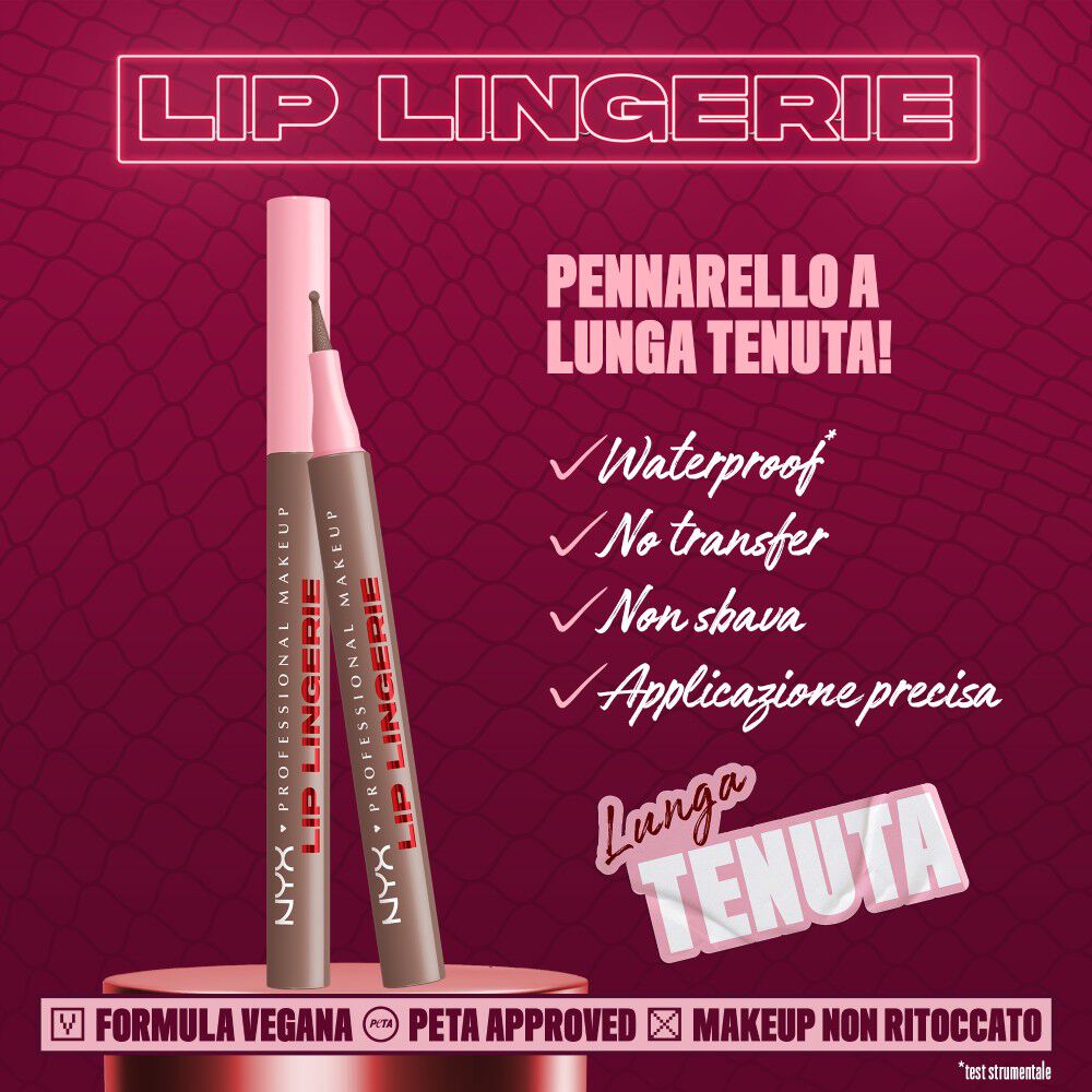 Caratteristiche del prodotto NYX Professional Makeup Lip Lingerie: pennarello per delineare le labbra Waterproof, Transfer-proof, 'Smudge-proof', senza bisogno di ritocchi durante il giorno.