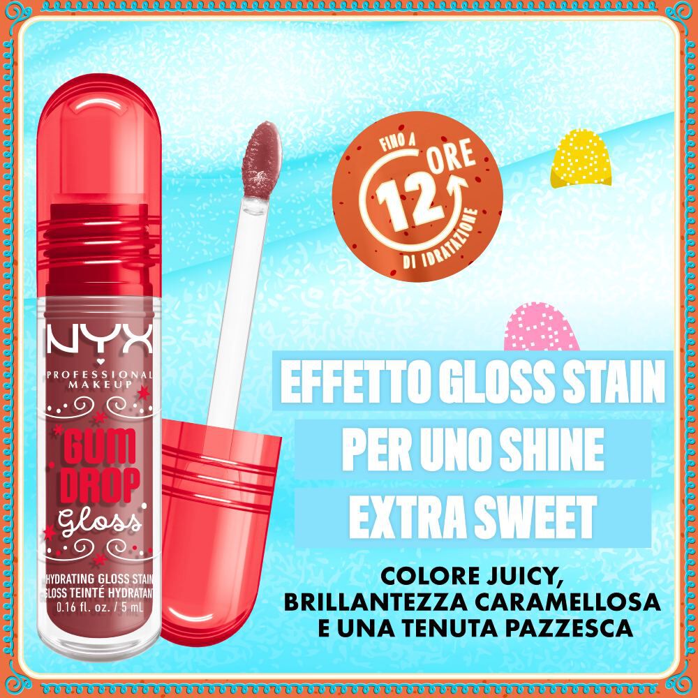 Primo piano del NYX Professional Makeup Gum Drop Lip I.V. con il claim: “get lips stained in sugary shine – tenuta 24 ore.” Circondato da dettagli a tema caramella nella tonalita 02 Bubblegum Burst.